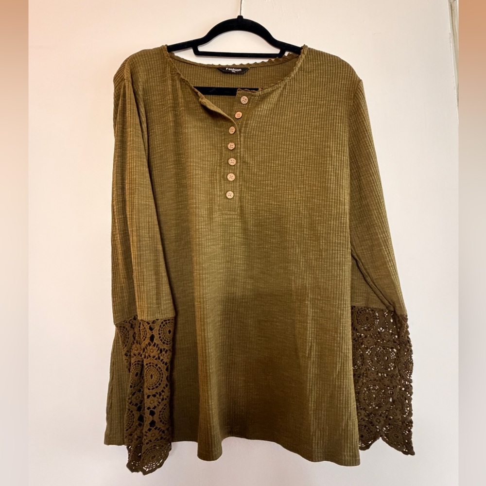 Women’s Olive Green Henley Top with Crochet Sleeve Detail